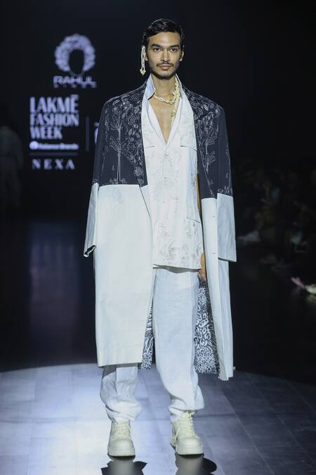 Shop_Rahul Singh_Black Linen Embroidery Botanical Overcoat Set _Online_at_Aza_Fashions