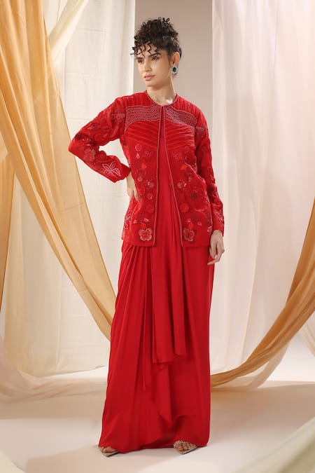 Shweta Aggarwal Red Satin Embroidered Badla Cape Open Floral Applique And Dress 