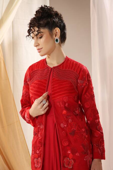Shweta Aggarwal_Red Organza, Satin Metallic Thread Open Floral Applique Embroidered Cape And Dress _Online_at_Aza_Fashions