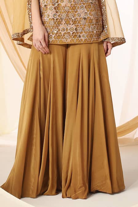 Shweta Aggarwal Gold Organza, Net, Crepe Embroidery, Geometric Peplum Tunic With Sharara Online at Aza Fashions Shweta Aggarwal_Gold Organza, Net, Crepe Embroidery, Geometric Peplum Tunic With Sharara _Online_at_Aza_Fashions