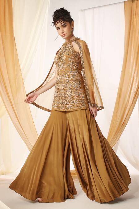 Buy Shweta Aggarwal Gold Organza, Net, Crepe Embroidery, Geometric Peplum Tunic With Sharara Online at Aza Fashions Buy_Shweta Aggarwal_Gold Organza, Net, Crepe Embroidery, Geometric Peplum Tunic With Sharara _Online_at_Aza_Fashions
