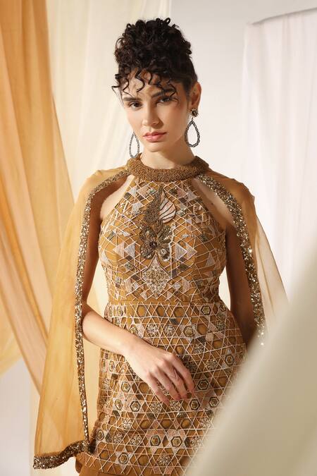 Shop Shweta Aggarwal Gold Organza, Net, Crepe Embroidery, Geometric Peplum Tunic With Sharara Online at Aza Fashions Shop_Shweta Aggarwal_Gold Organza, Net, Crepe Embroidery, Geometric Peplum Tunic With Sharara _Online_at_Aza_Fashions
