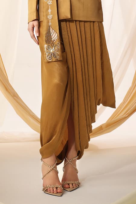 Shweta Aggarwal_Gold Linen, Satin Beads Halter Neck Embroidered Stole Attached Blazer Skirt Set _Online_at_Aza_Fashions