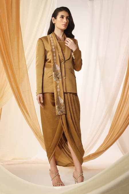 Buy_Shweta Aggarwal_Gold Linen, Satin Beads Halter Neck Embroidered Stole Attached Blazer Skirt Set _Online_at_Aza_Fashions
