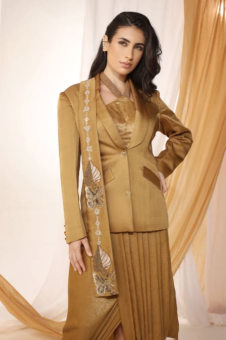 Shop_Shweta Aggarwal_Gold Linen, Satin Beads Halter Neck Embroidered Stole Attached Blazer Skirt Set _Online_at_Aza_Fashions