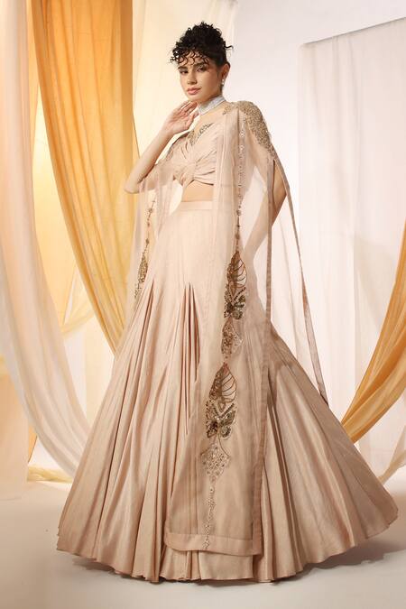 Buy_Shweta Aggarwal_Peach Organza Embroidery, Beads, Sequins Godet Lehenga Set With Nature Cape _Online_at_Aza_Fashions