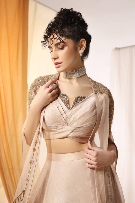 Shop_Shweta Aggarwal_Peach Organza Embroidery, Beads, Sequins Godet Lehenga Set With Nature Cape _Online_at_Aza_Fashions