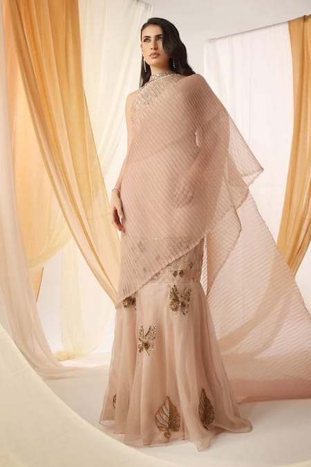 Buy_Shweta Aggarwal_Peach Organza, Silk Beads, Embroidered Jaal Panel Pre-draped Concept Saree Set _Online_at_Aza_Fashions