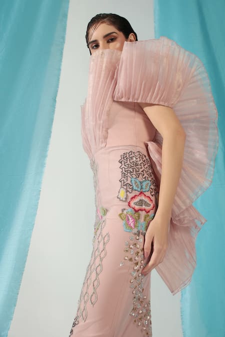 Buy_Shweta Aggarwal_Pink Net, Crepe, Lycra, Satin, Organza Sequins Ruffled Bodice Embroidered Gown _Online_at_Aza_Fashions