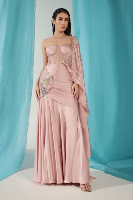 Shweta Aggarwal Pink Italian Satin Embroidered Floral Pre-draped Concept Saree With Corset 