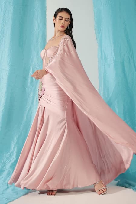 Shweta Aggarwal_Pink Net, Silk Satin, Patchwork Floral Pre-draped Concept Saree With Corset _Online_at_Aza_Fashions