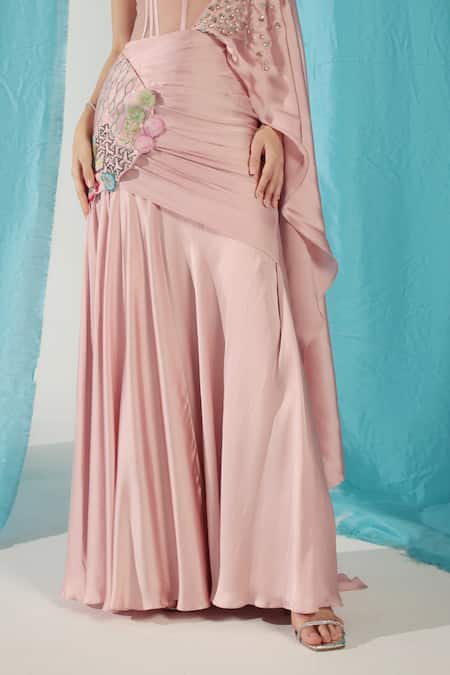 Buy_Shweta Aggarwal_Pink Net, Silk Satin, Patchwork Floral Pre-draped Concept Saree With Corset _Online_at_Aza_Fashions