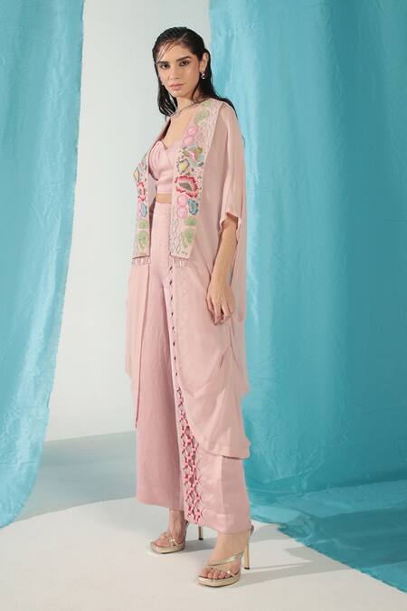 Shweta Aggarwal_Pink Linen, Georgette, Satin Patchwork, Sequins Sweetheart Floral Cape Pant Set _Online_at_Aza_Fashions