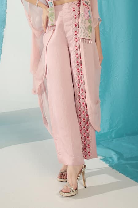 Buy_Shweta Aggarwal_Pink Linen, Georgette, Satin Patchwork, Sequins Sweetheart Floral Cape Pant Set _Online_at_Aza_Fashions
