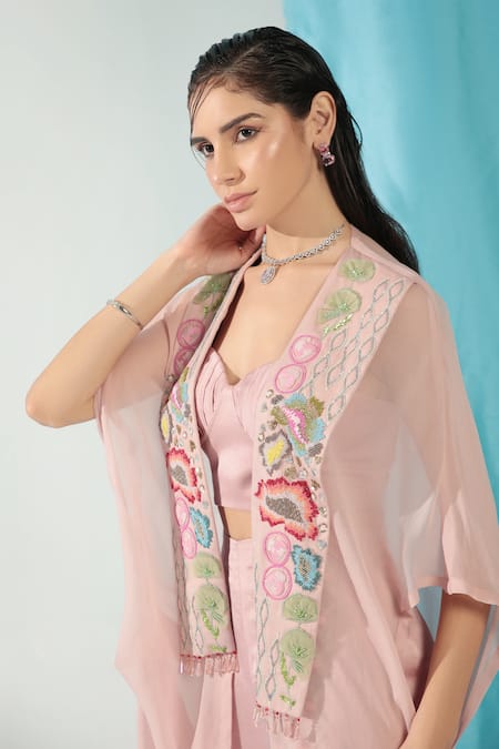 Shop_Shweta Aggarwal_Pink Linen, Georgette, Satin Patchwork, Sequins Sweetheart Floral Cape Pant Set _Online_at_Aza_Fashions