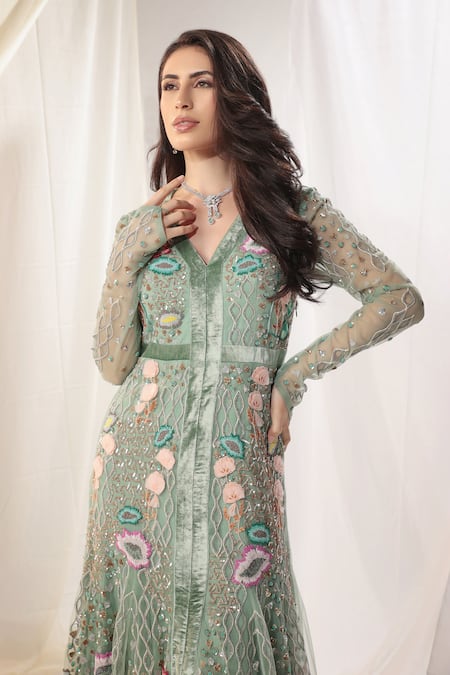 Shweta Aggarwal_Blue Net, Satin Sequins, Embroidery V-neck Floral Applique Embellished Gown _Online_at_Aza_Fashions