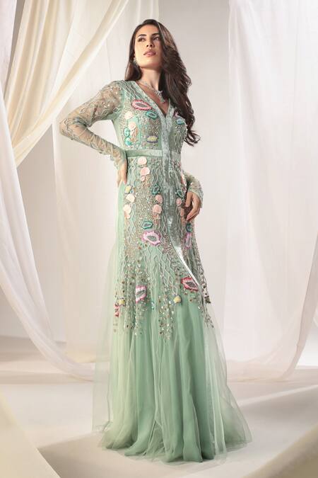 Buy_Shweta Aggarwal_Blue Net, Satin Sequins, Embroidery V-neck Floral Applique Embellished Gown _Online_at_Aza_Fashions