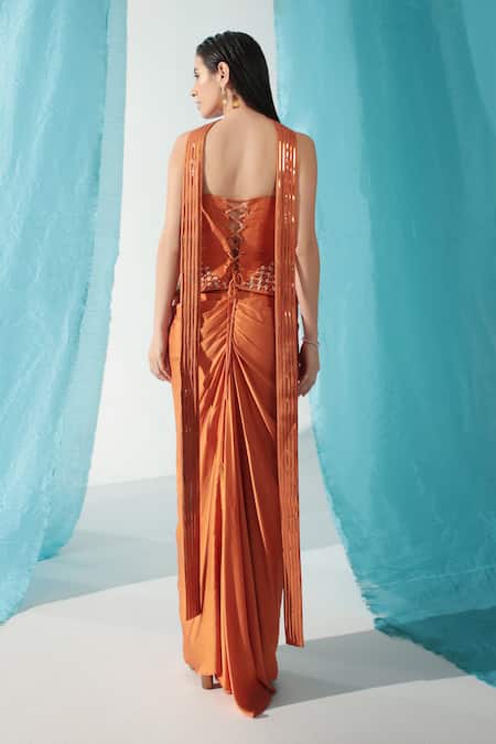 Shweta Aggarwal Metallic Floral Embellished Peplum Corset & Draped Skirt Set 