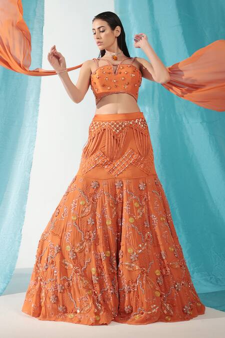 Shweta Aggarwal_Orange Georgette, Denim Sequins, Crystals, Ambrosia Lehenga With Blouse _Online_at_Aza_Fashions