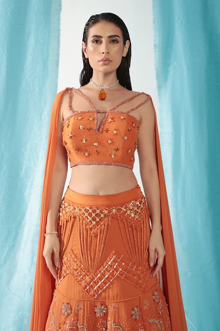 Buy_Shweta Aggarwal_Orange Georgette, Denim Sequins, Crystals, Ambrosia Lehenga With Blouse _Online_at_Aza_Fashions