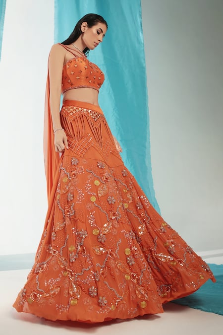 Shop_Shweta Aggarwal_Orange Georgette, Denim Sequins, Crystals, Ambrosia Lehenga With Blouse _Online_at_Aza_Fashions