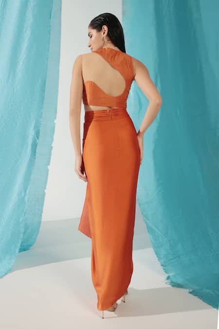 Shweta Aggarwal Sequin Metallic Floral Embellished Crop Top With Draped Skirt 