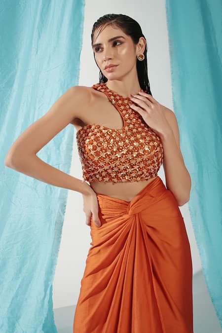Shweta Aggarwal_Orange Denim Sequins Metallic Floral Embellished Crop Top With Draped Skirt _Online_at_Aza_Fashions
