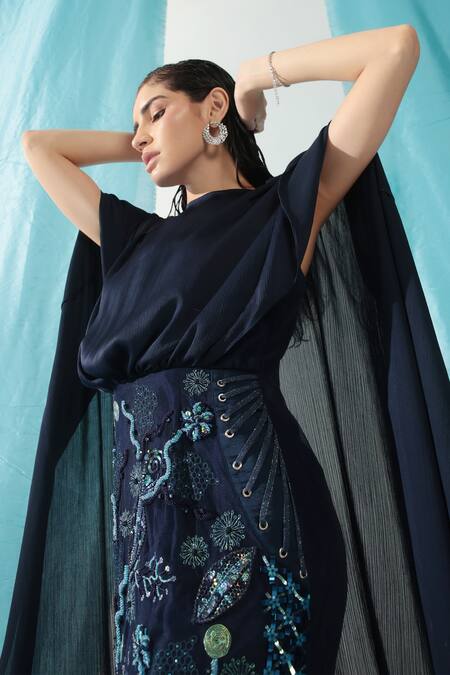 Buy Shweta Aggarwal Blue Net, Silk, Satin Sequins, Dusk Bloom Embroidered Wing Sleeves Maxi Dress Online at Aza Fashions Buy_Shweta Aggarwal_Blue Net, Silk, Satin Sequins, Dusk Bloom Embroidered Wing Sleeves Maxi Dress _Online_at_Aza_Fashions