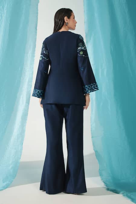 Shop_Shweta Aggarwal_Blue Denim Crystals, Sequins, Zari, Embroidery Gardenia Kurta With Flared Pant_at_Aza_Fashions