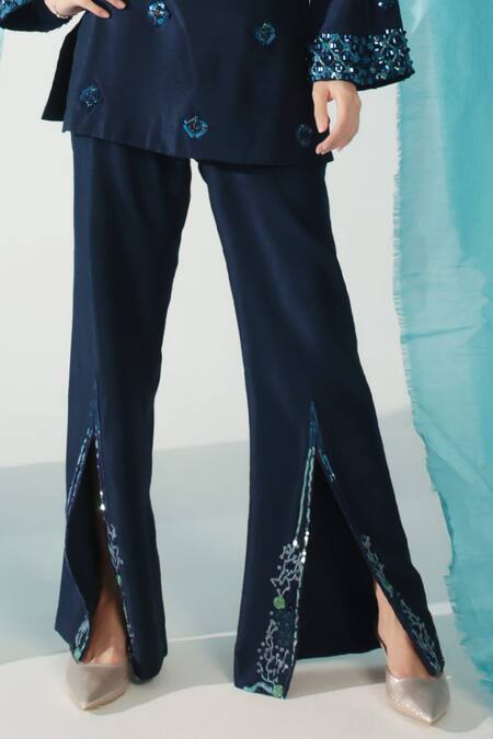 Shweta Aggarwal_Blue Denim Crystals, Sequins, Zari, Embroidery Gardenia Kurta With Flared Pant_Online_at_Aza_Fashions