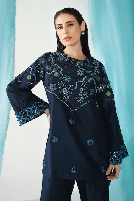 Buy_Shweta Aggarwal_Blue Denim Crystals, Sequins, Zari, Embroidery Gardenia Kurta With Flared Pant_Online_at_Aza_Fashions