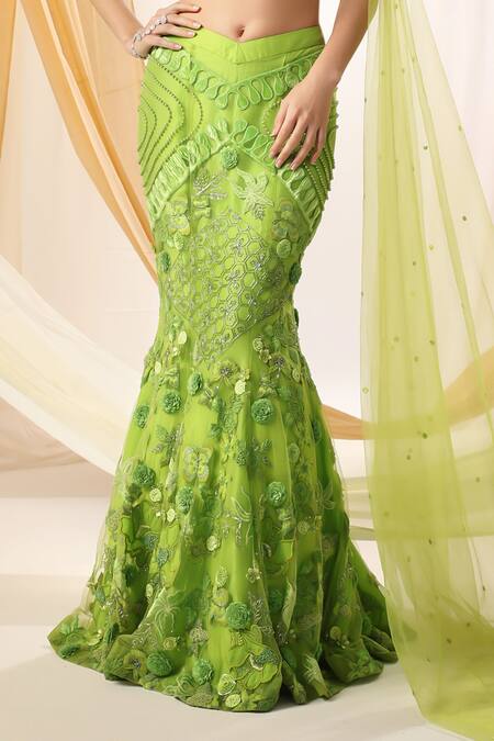 Shweta Aggarwal_Green Net, Silk Pearls Blossom Garden Embroidered Mermaid Lehenga With Blouse _Online_at_Aza_Fashions