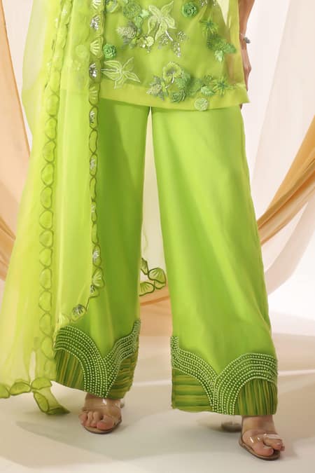 Shweta Aggarwal Green Organza, Silk Metallic Thread, Applique, Dream Garden Tunic And Palazzo Set Online at Aza Fashions Shweta Aggarwal_Green Organza, Silk Metallic Thread, Applique, Dream Garden Tunic And Palazzo Set _Online_at_Aza_Fashions