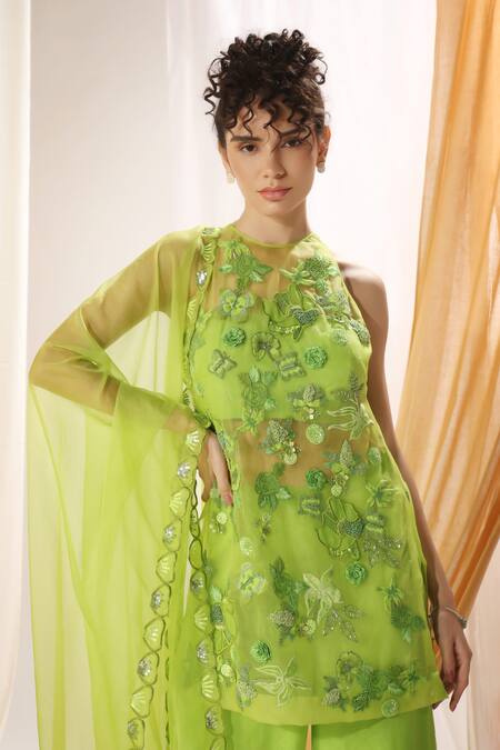 Buy Shweta Aggarwal Green Organza, Silk Metallic Thread, Applique, Dream Garden Tunic And Palazzo Set Online at Aza Fashions Buy_Shweta Aggarwal_Green Organza, Silk Metallic Thread, Applique, Dream Garden Tunic And Palazzo Set _Online_at_Aza_Fashions
