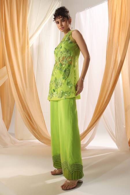 Shop Shweta Aggarwal Green Organza, Silk Metallic Thread, Applique, Dream Garden Tunic And Palazzo Set Online at Aza Fashions Shop_Shweta Aggarwal_Green Organza, Silk Metallic Thread, Applique, Dream Garden Tunic And Palazzo Set _Online_at_Aza_Fashions