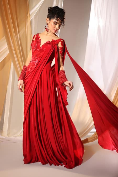 Shweta Aggarwal Red Net, Crepe Zari, Embroidery, Beads V-neck 3d Rafflesia Saree Gown Online at Aza Fashions Shweta Aggarwal_Red Net, Crepe Zari, Embroidery, Beads V-neck 3d Rafflesia Saree Gown _Online_at_Aza_Fashions
