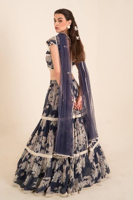 Shop_Sshilpa Samriya_Blue Organza, Net Sequins, Embroidery Square Neck Floral Bloom Print Lehenga Set_at_Aza_Fashions