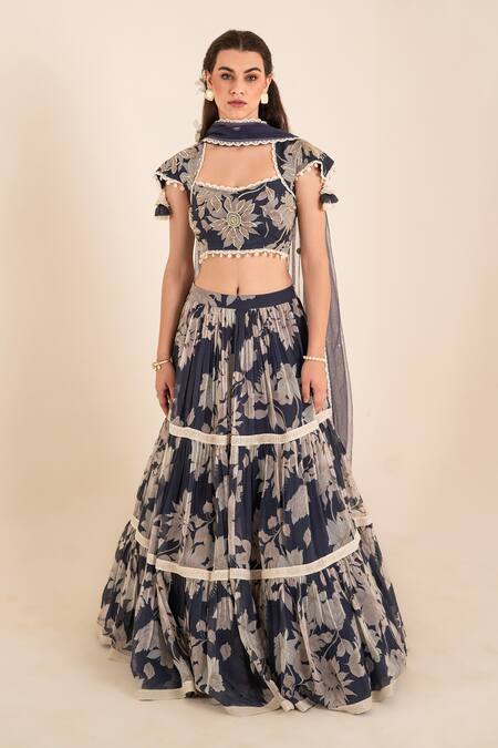 Sshilpa Samriya_Blue Organza, Net Sequins, Embroidery Square Neck Floral Bloom Print Lehenga Set_Online_at_Aza_Fashions