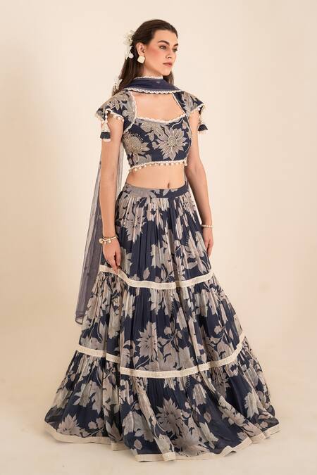 Buy_Sshilpa Samriya_Blue Organza, Net Sequins, Embroidery Square Neck Floral Bloom Print Lehenga Set_Online_at_Aza_Fashions