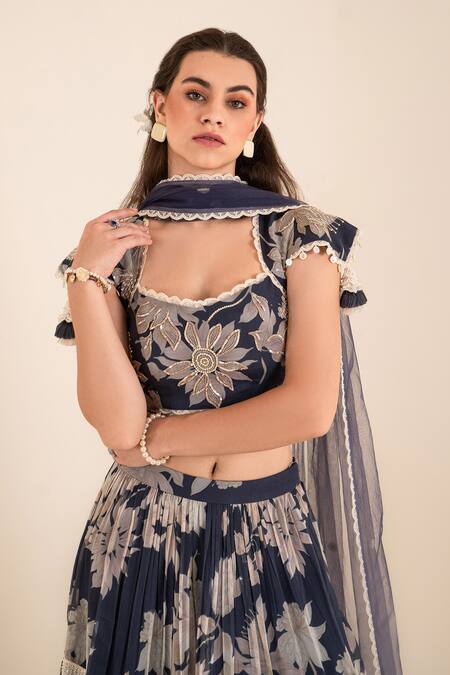 Shop_Sshilpa Samriya_Blue Organza, Net Sequins, Embroidery Square Neck Floral Bloom Print Lehenga Set_Online_at_Aza_Fashions
