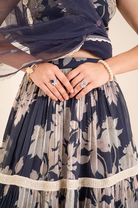 Sshilpa Samriya_Blue Organza, Net Sequins, Embroidery Square Neck Floral Bloom Print Lehenga Set_at_Aza_Fashions