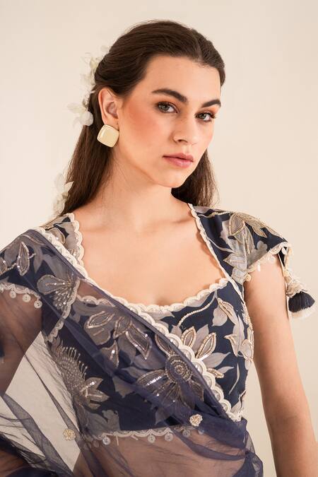 Buy_Sshilpa Samriya_Blue Organza, Net Sequins, Embroidery Square Neck Floral Bloom Print Lehenga Set