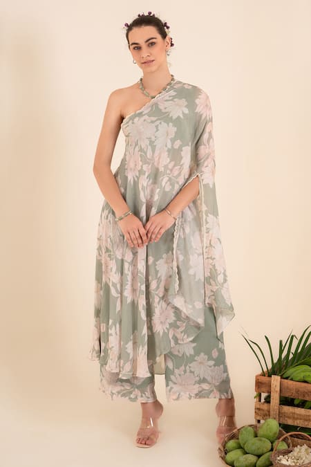 SSHILPA SAMRIYA Floral Print Asymmetric One Shoulder Tunic With Flared Palazzo 