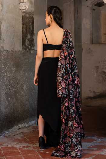 Shop Sshilpa Samriya Black Crepe, Satin, Organza Sequins, Floral Printed Jacket With Skirt Set at Aza Fashions Shop_Sshilpa Samriya_Black Crepe, Satin, Organza Sequins, Floral Printed Jacket With Skirt Set_at_Aza_Fashions