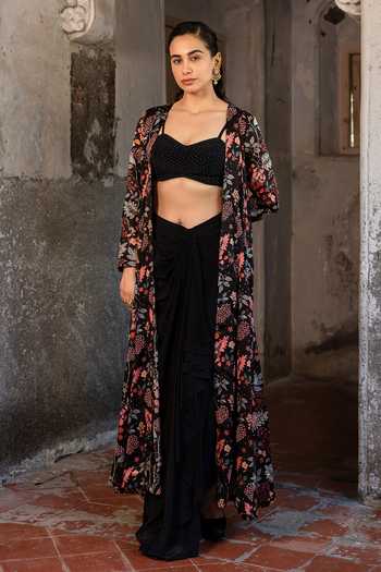 Sshilpa Samriya Black Crepe, Satin, Organza Sequins, Floral Printed Jacket With Skirt Set Online at Aza Fashions Sshilpa Samriya_Black Crepe, Satin, Organza Sequins, Floral Printed Jacket With Skirt Set_Online_at_Aza_Fashions