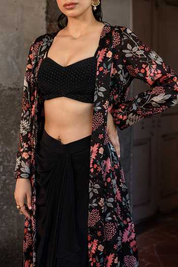 Buy Sshilpa Samriya Black Crepe, Satin, Organza Sequins, Floral Printed Jacket With Skirt Set Online at Aza Fashions Buy_Sshilpa Samriya_Black Crepe, Satin, Organza Sequins, Floral Printed Jacket With Skirt Set_Online_at_Aza_Fashions