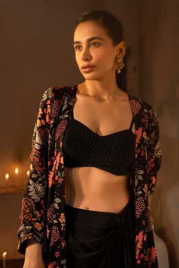 Shop Sshilpa Samriya Black Crepe, Satin, Organza Sequins, Floral Printed Jacket With Skirt Set Online at Aza Fashions Shop_Sshilpa Samriya_Black Crepe, Satin, Organza Sequins, Floral Printed Jacket With Skirt Set_Online_at_Aza_Fashions