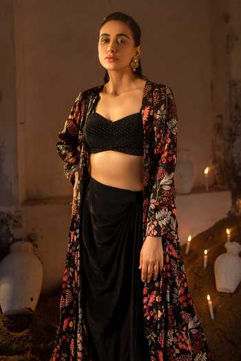 Sshilpa Samriya Black Crepe, Satin, Organza Sequins, Floral Printed Jacket With Skirt Set at Aza Fashions Sshilpa Samriya_Black Crepe, Satin, Organza Sequins, Floral Printed Jacket With Skirt Set_at_Aza_Fashions