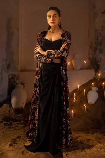 Buy Sshilpa Samriya Black Crepe, Satin, Organza Sequins, Floral Printed Jacket With Skirt Set Buy_Sshilpa Samriya_Black Crepe, Satin, Organza Sequins, Floral Printed Jacket With Skirt Set