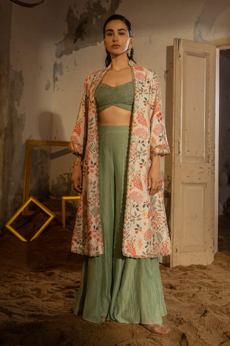 SSHILPA SAMRIYA Ivory Bustier And Palazzo Malai Chanderi Hand Printed Jacket With Set